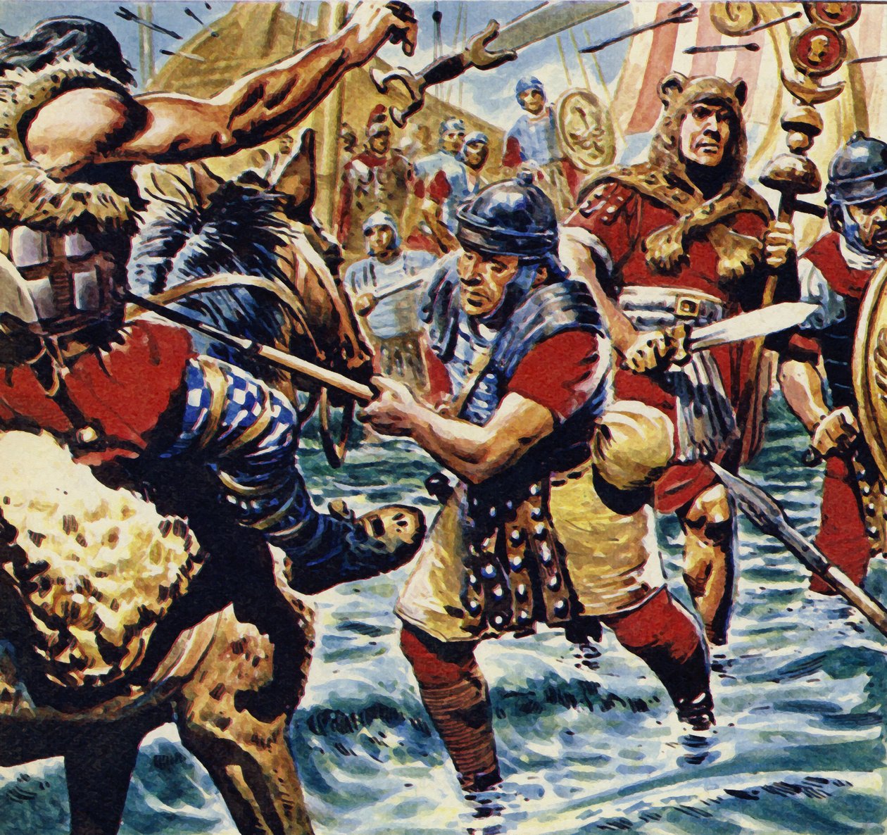 Enflammées par la bravoure du porte-étendard, les autres légions romaines reprennent courage (lithographie en couleurs) - C.L. Doughty