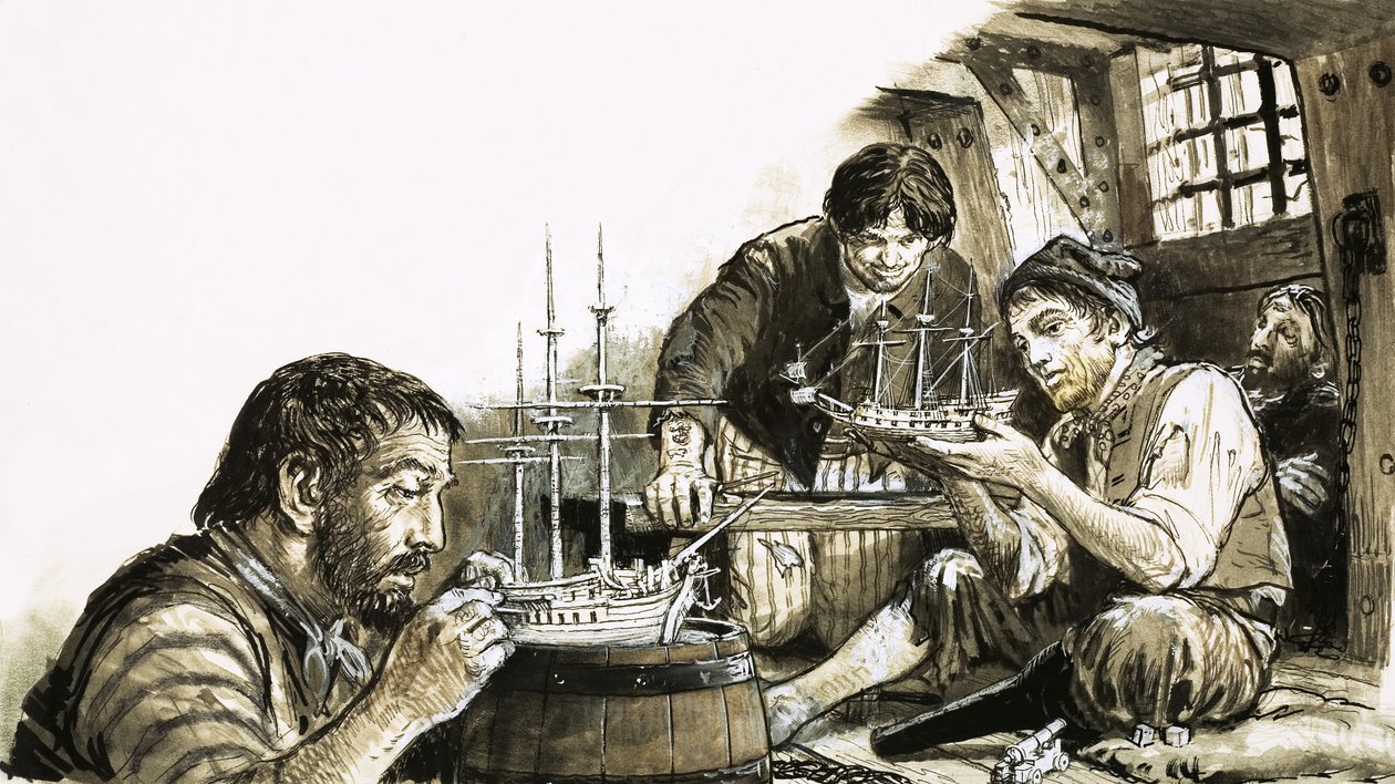 Prisonniers de guerre français des guerres napoléoniennes fabriquant des maquettes de bateaux - C.L. Doughty