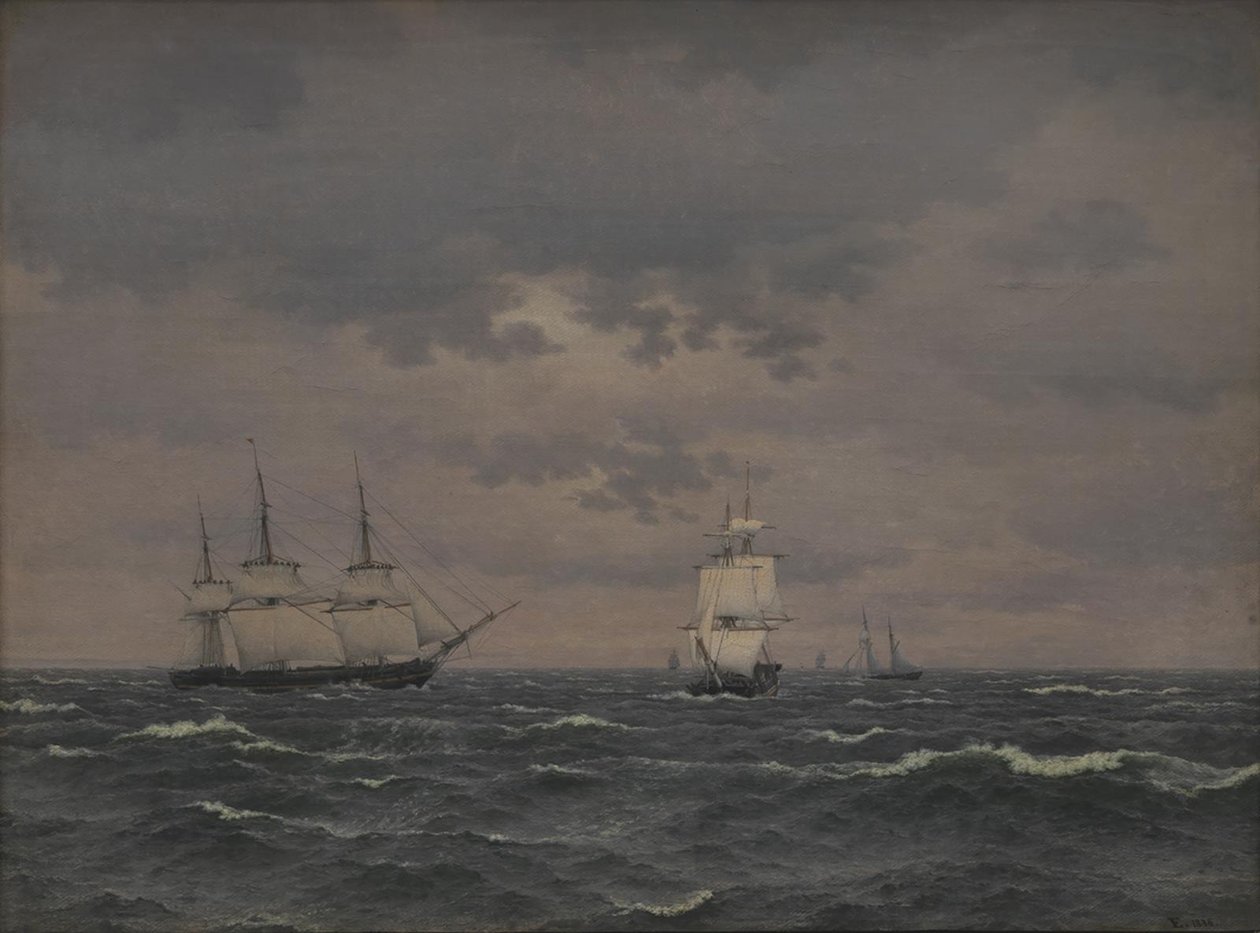 Une corvette réduisant ses voiles par vent frais et d