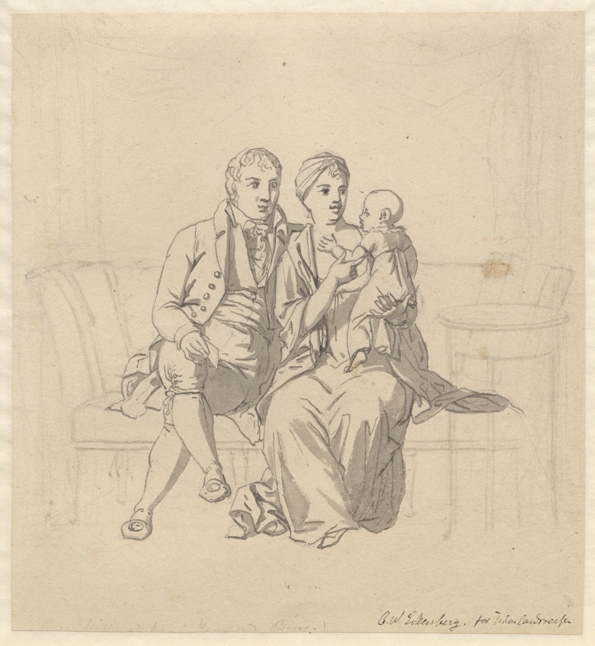 Un jeune couple assis sur un canapé, elle avec un enfant dans les bras - Christoffer Wilhelm Eckersberg