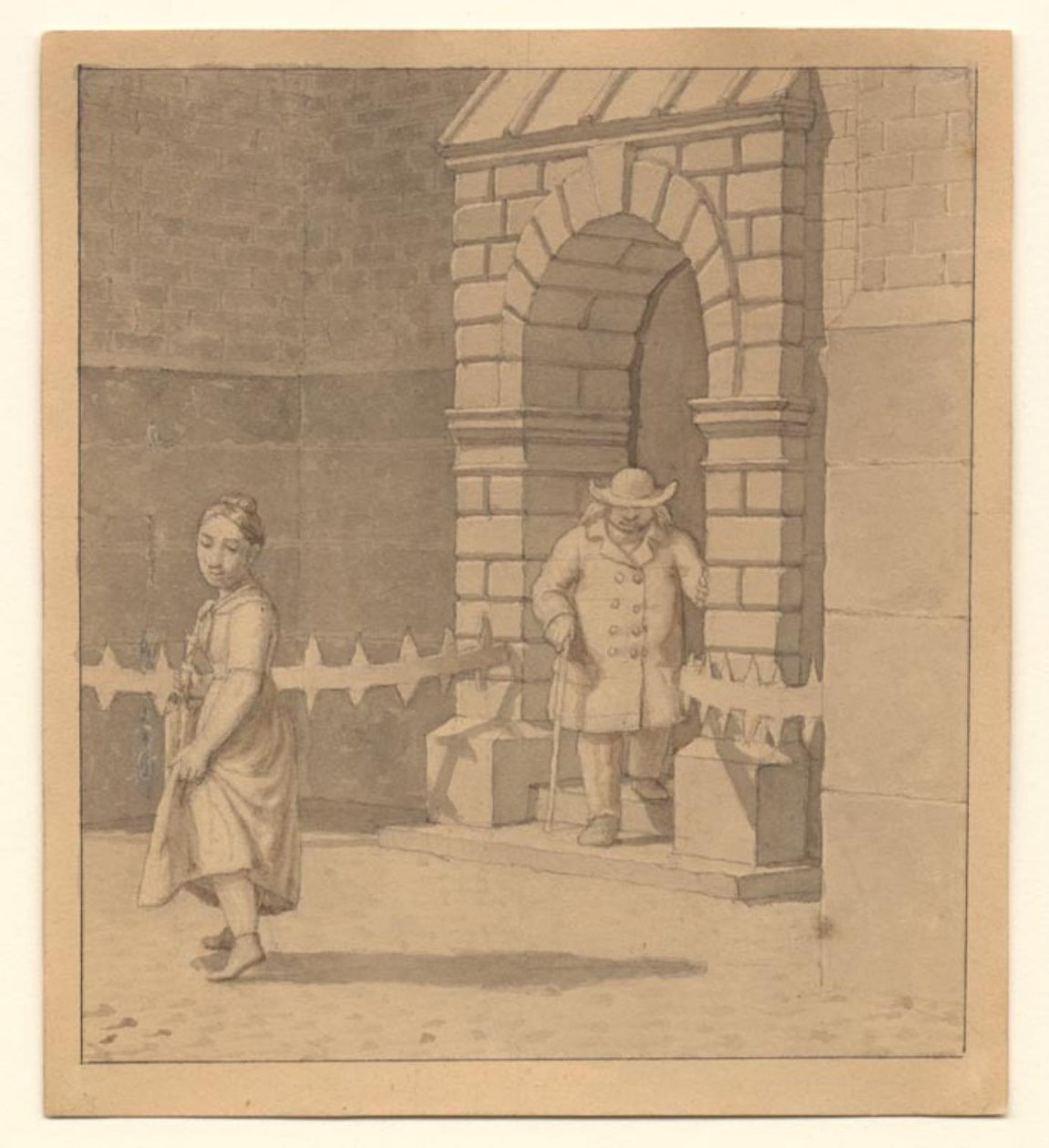 Scène de rue avec une jeune fille soulevant légèrement sa robe; en arrière-plan un vieil homme avec une canne - Christoffer Wilhelm Eckersberg