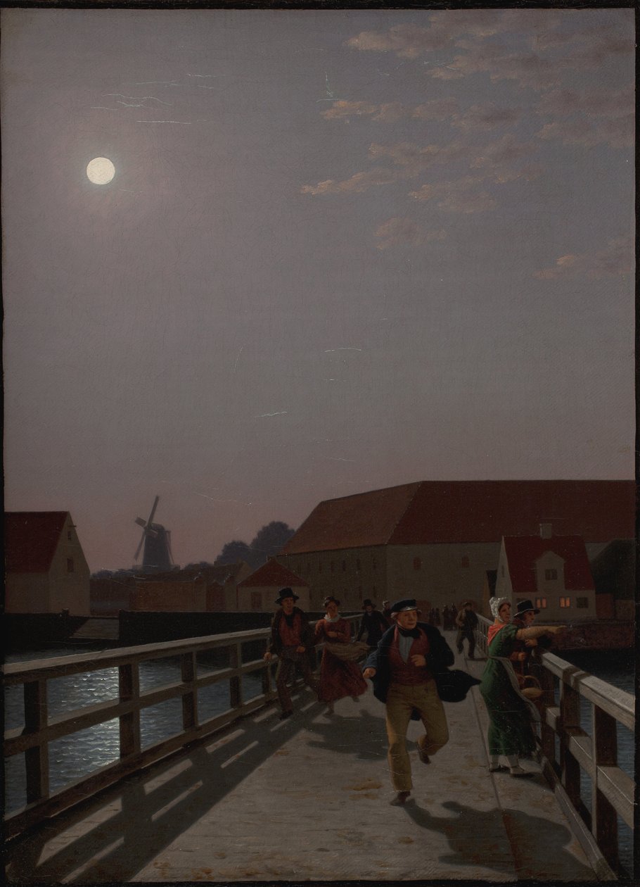 Langebro, Copenhague, au clair de lune avec des figures en mouvement - Christoffer Wilhelm Eckersberg