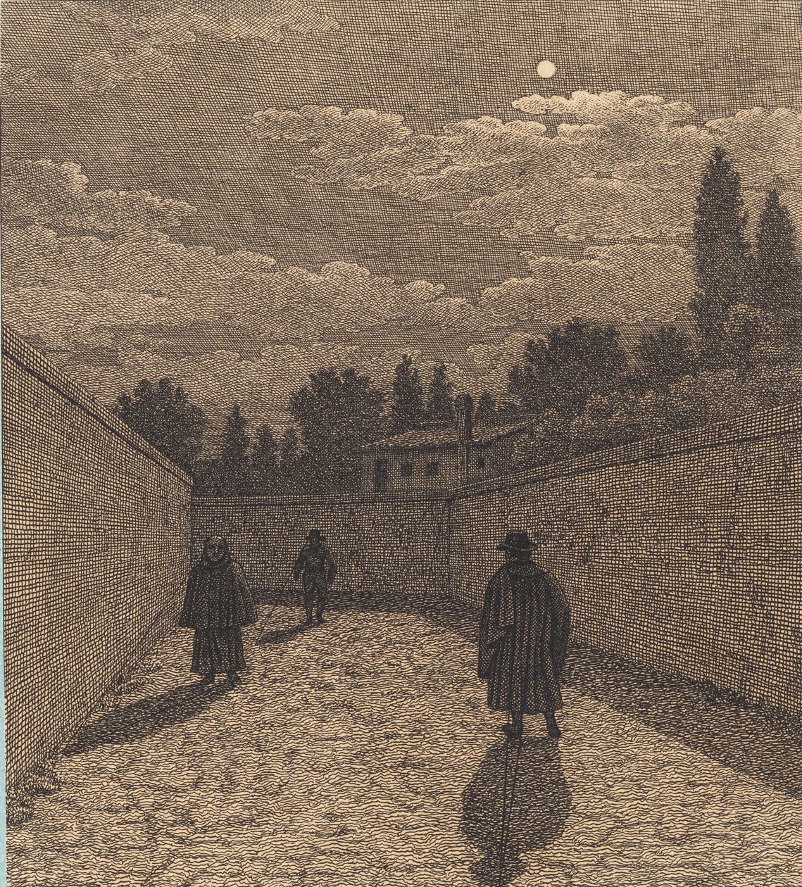 Clair de lune sur une route avec trois figures. Illustration pour "Linearperspectiven", Tableau IV - Christoffer Wilhelm Eckersberg