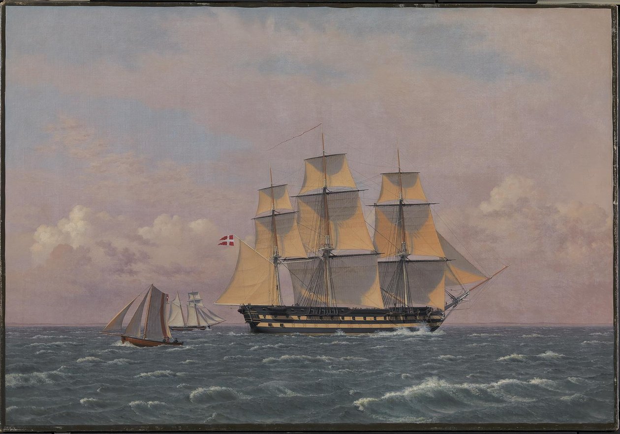 Le navire de guerre danois de 84 canons "Dronning Marie" dans le détroit - Christoffer Wilhelm Eckersberg