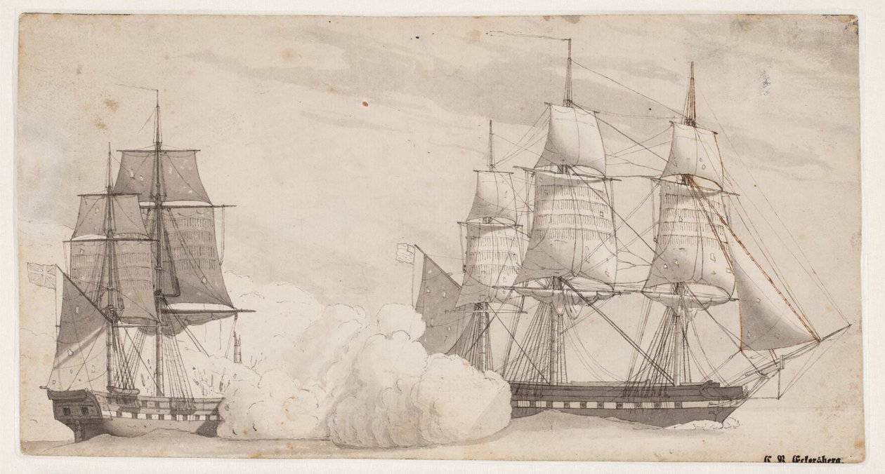 Deux navires de guerre en combat (la frégate anglaise Shannon et la frégate américaine Chesapeake?) - Christoffer Wilhelm Eckersberg