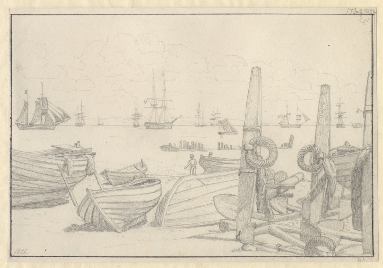 Vue de la plage au sud de Helsingør vers le navire de garde, la brigantine "Falster" - Christoffer Wilhelm Eckersberg