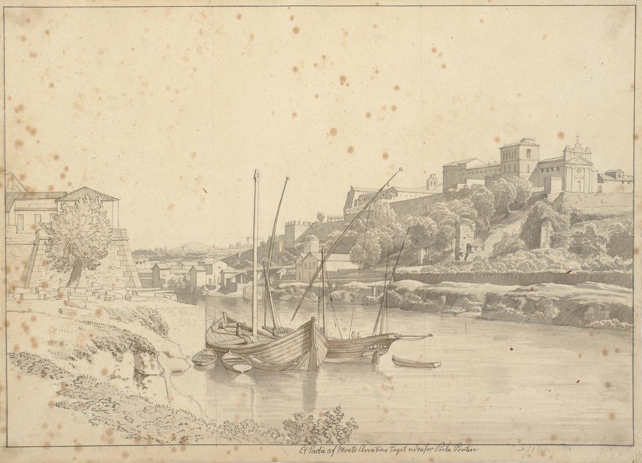 Vue sur le Tibre à Porto di Ripa Grande, hors de Porta Portese vers Marmorata et les églises sur le mont Aventin, Rome - Christoffer Wilhelm Eckersberg