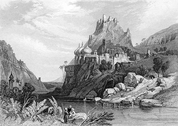 Ruines à Ettaia, dites causées par un combat entre Krishna et Kali, gravées par E. Finden, de 