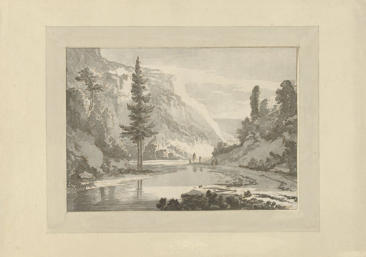 Paysage montagneux avec bergers sur une rive - C. Brouwer