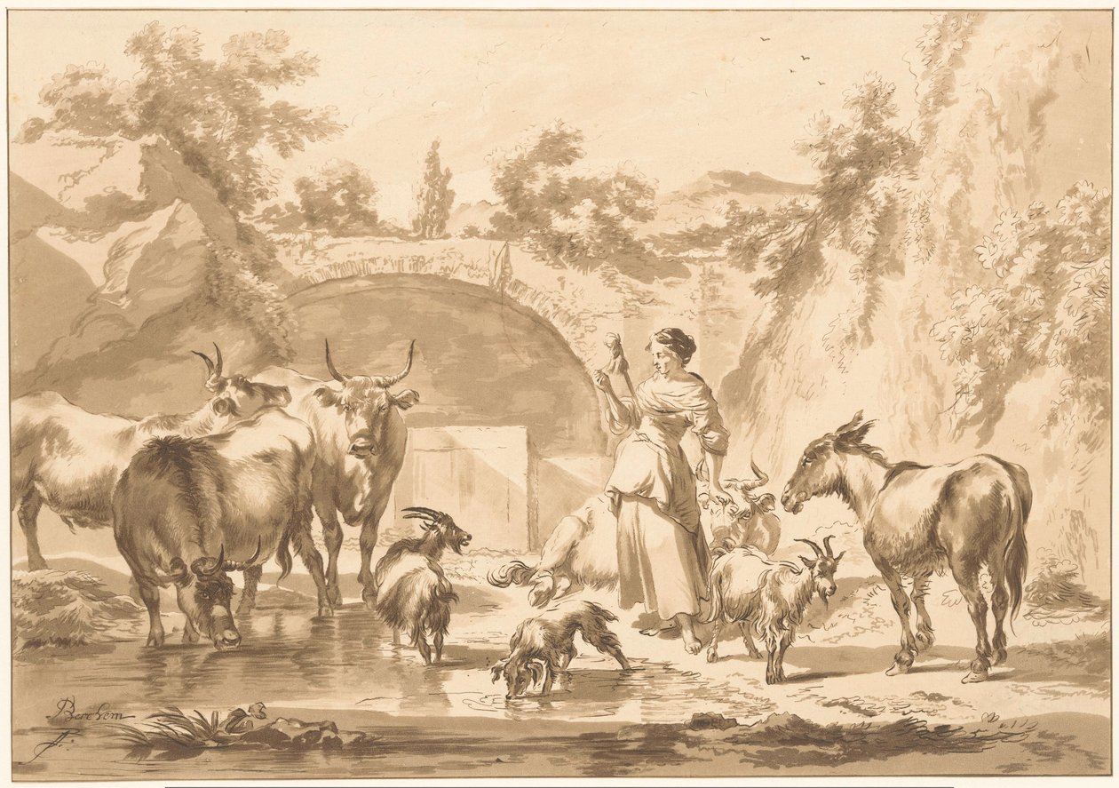 Bergère filant avec son troupeau - C. Dietrich (prentmaker) (possibly)