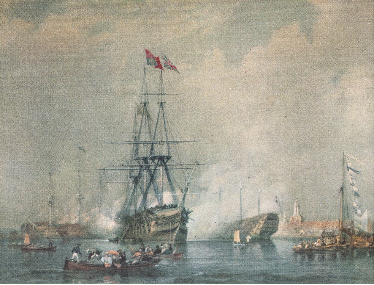 HMS Victory tirant une salve royale au port de Portsmouth, de British Adventure publié par Collins, 1947 - C. J. M. Whichello