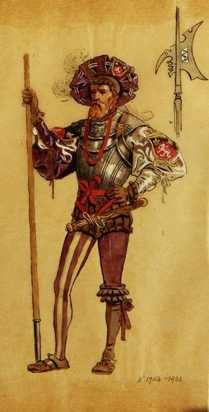 Un courtisan en armure, costume pour Comme il vous plaira, produit par R.Courtneidge au Princes Theatre, Manchester - C. Wilhelm
