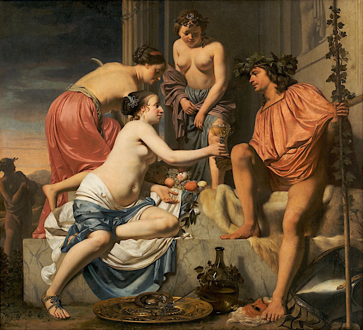 Bacchus sur un Trône, Nymphes Offrant du Vin et des Fruits à Bacchus - Cesar Boetius van Everdingen