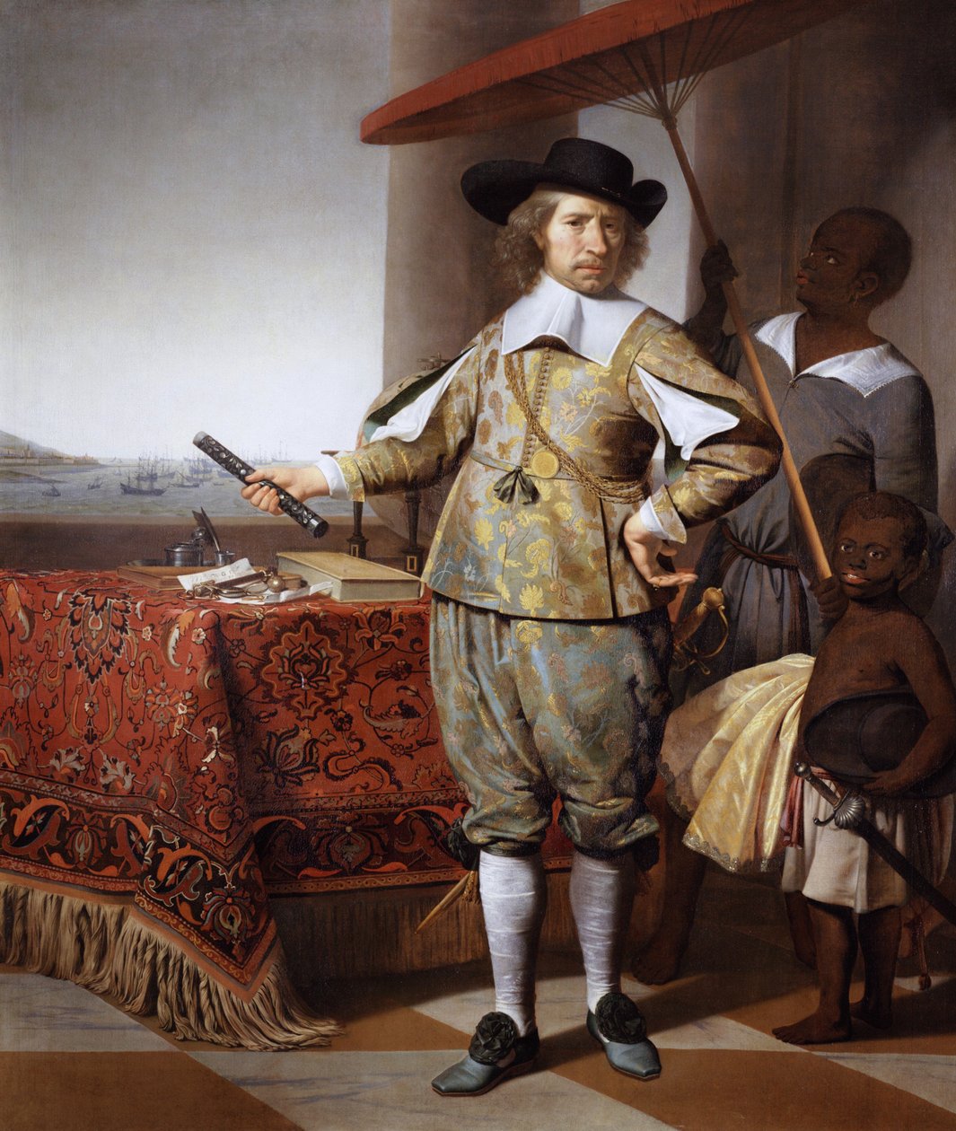 Néerlandais : Portrait de Wollebrant Geleynssen de Jongh (1594-1674) Portrait de Wollebrand Geleynsz de Jongh (1594-1674), avec un serviteur et un enfant - Caesar van Everdingen