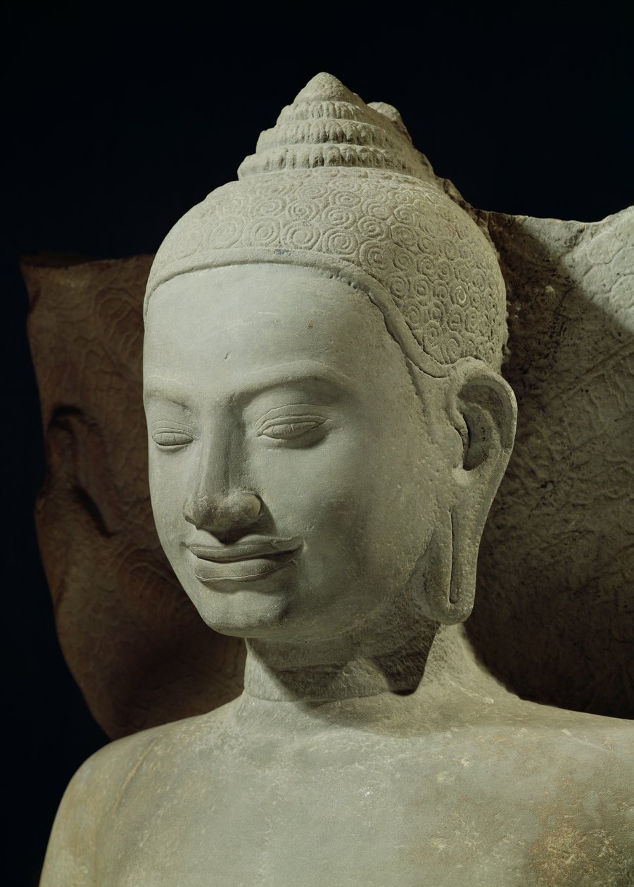 Bouddha en méditation sur le roi Naga, Mucilinda (détail de la tête du Bouddha) - Cambodian School