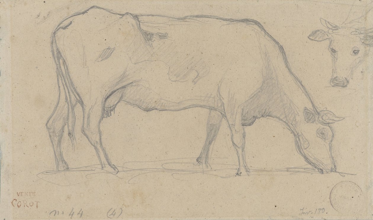 Vache broutant, tête de vache en haut à droite - Camille Corot