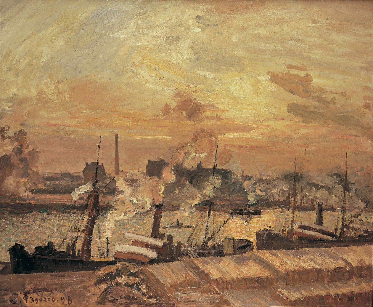 Déchargement de bois, quai de la Bourse, coucher de soleil - Camille Jacob Pissarro