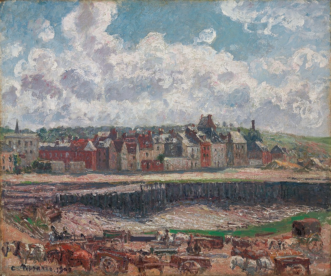 Chevaux et charrettes devant le port de pêche, Dieppe, à marée basse, 1902 - Camille Jacob Pissarro