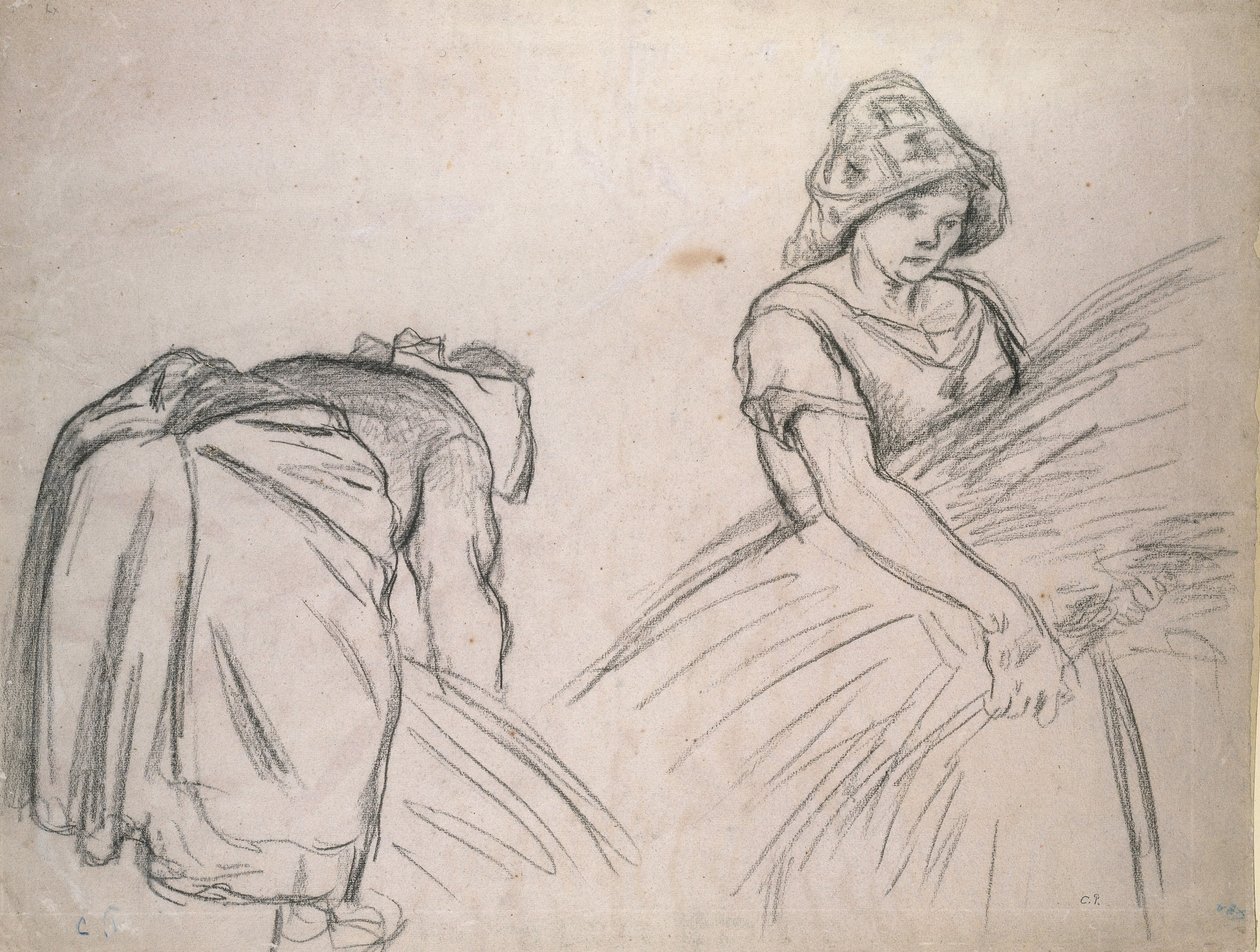 Étude de deux moissonneuses, 1882 (craie noire sur papier rose avec blanc) - Camille Jacob Pissarro