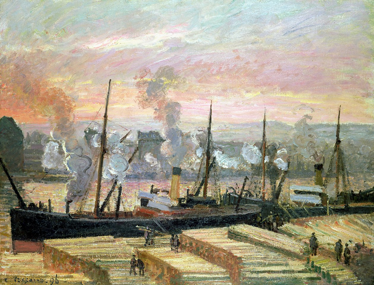 Coucher de soleil à Rouen, déchargement de bois, 1896 - Camille Jacob Pissarro