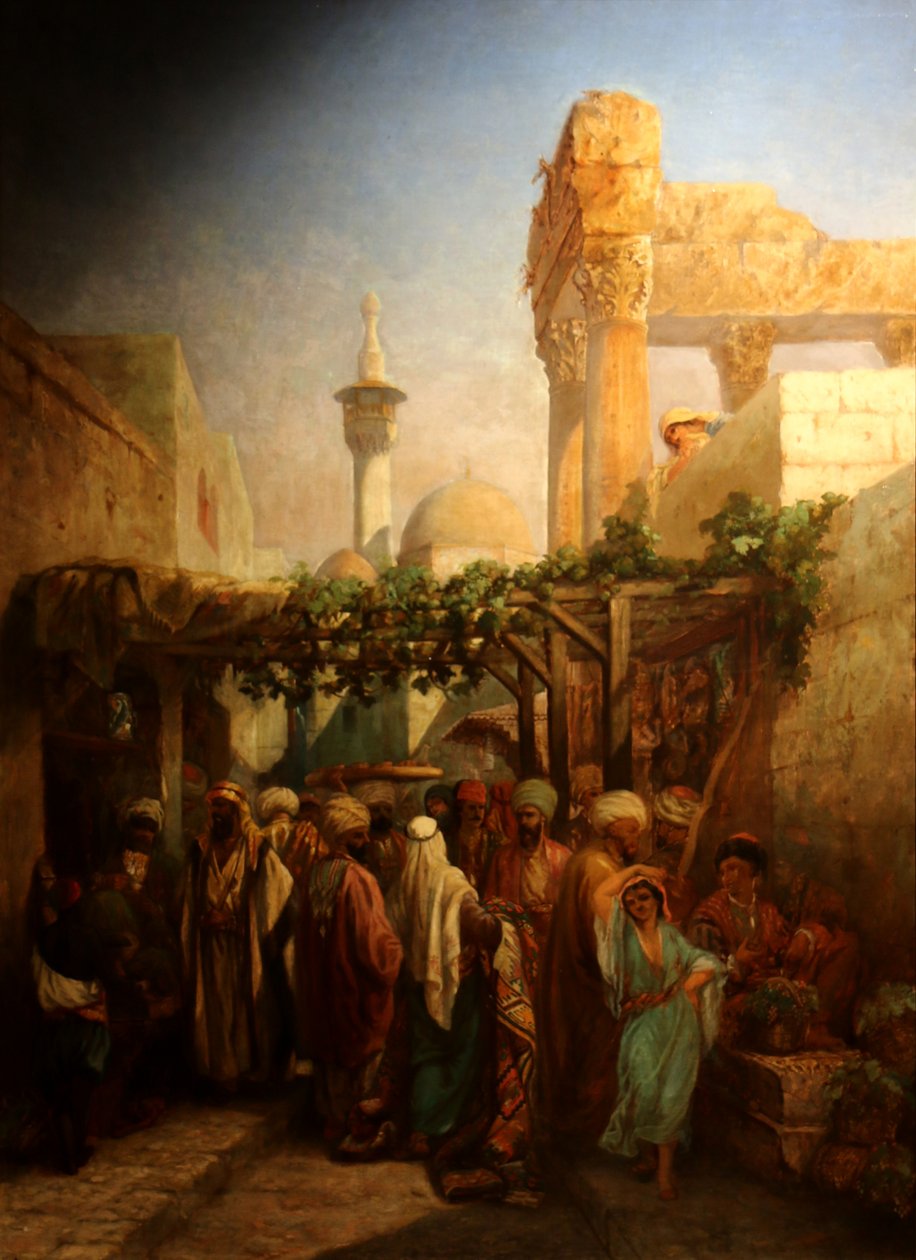 Promeneurs aux abords de la colonnade de Bacchus à Latakieh. - Camille Rogier