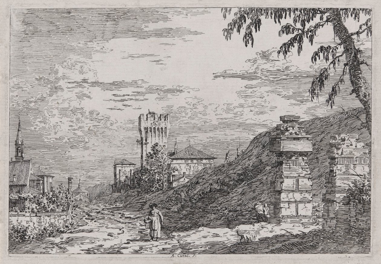 Paysage avec Tour et Deux Piliers en Ruine, de la série Vedute - Canaletto (Giovanni Antonio Canal)