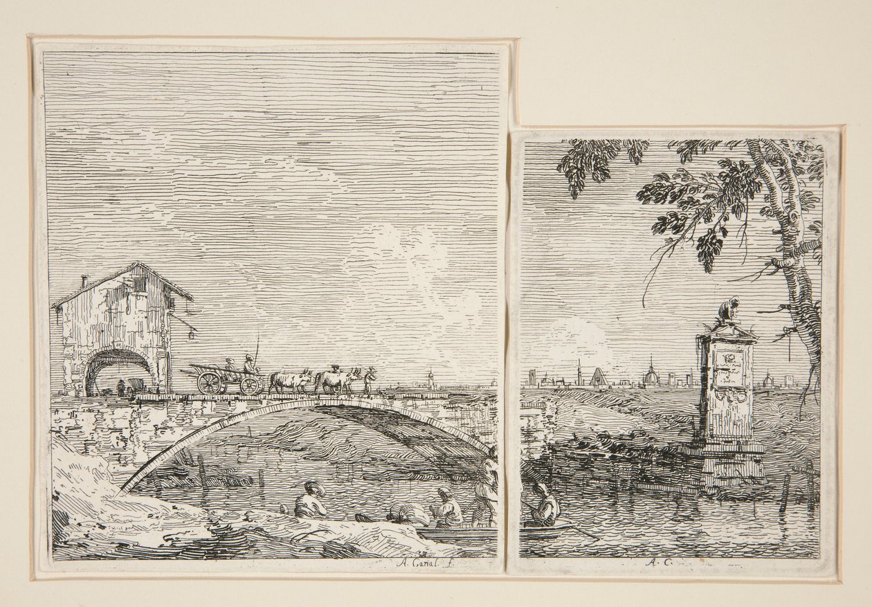 Le Chariot passant sur un pont [et] Le Petit Monument (sous un arbre), de la série Vedute - Canaletto (Giovanni Antonio Canal)