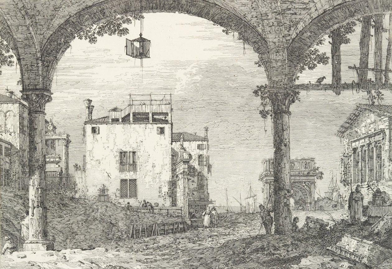 Un portique à trois arches avec une lanterne ouverte suspendue au centre, un arc de triomphe et des ruines, 1735-46 - Canaletto