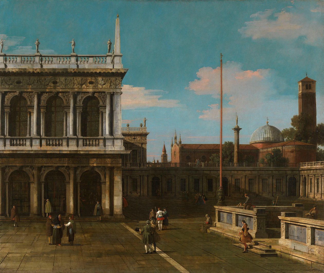 Canaletto - Capriccio Vue de la Piazzetta avec la Libreria Signé et daté 1744 - Canaletto