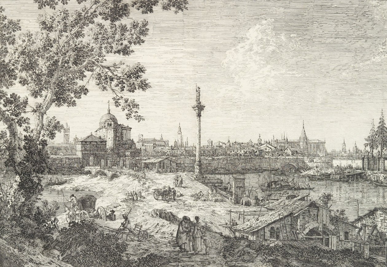Vue imaginaire de Padoue, avec un campanile et une église à dôme à gauche, une colonne surmontée, 1735-46 - Canaletto