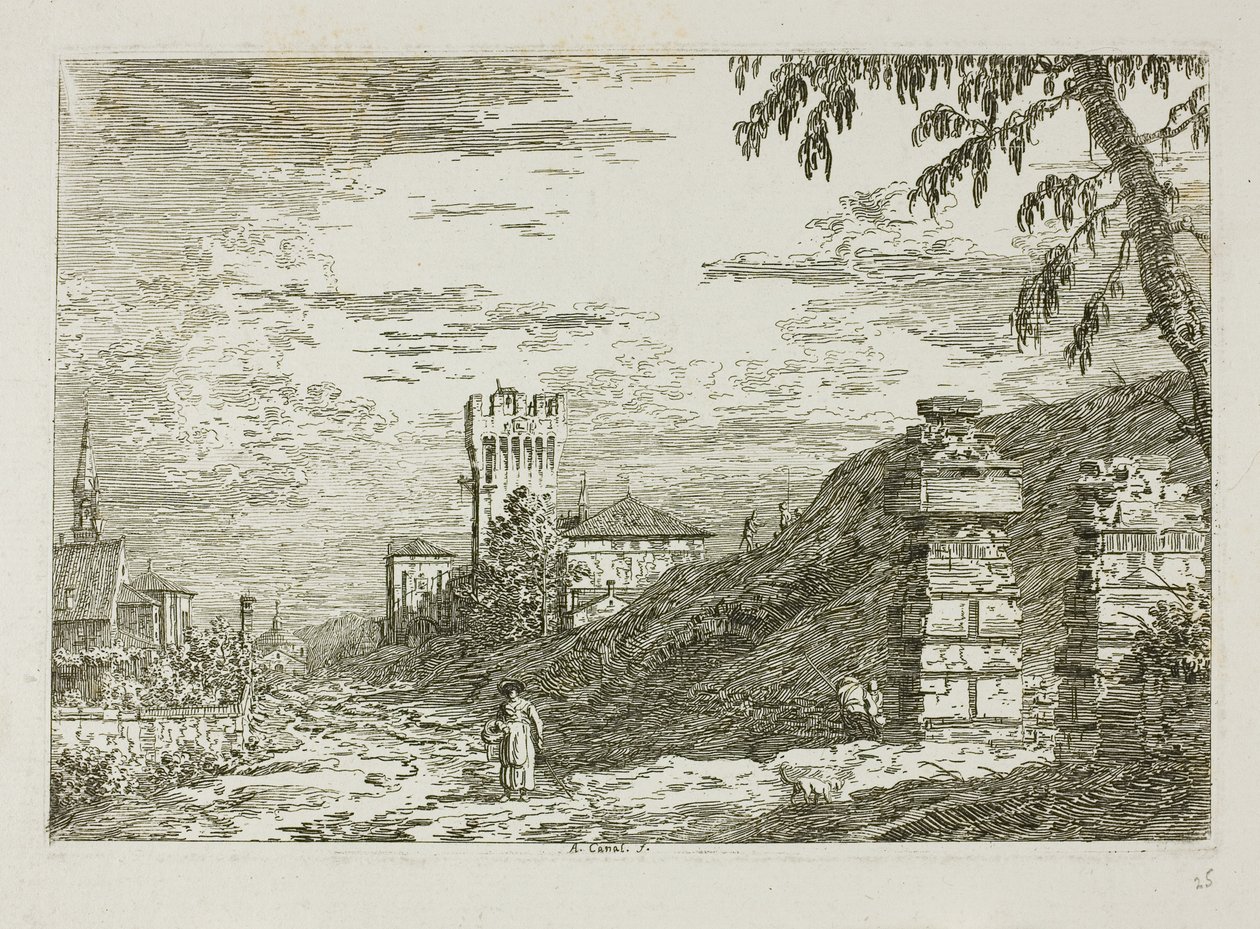 Paysage avec tour et deux piliers en ruine, de Vedute - Canaletto