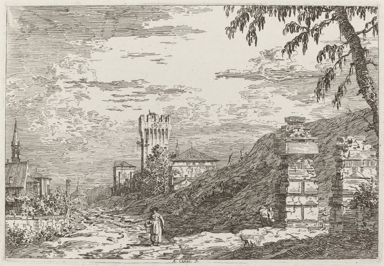 Paysage avec tour et deux piliers en ruine (gauche) - Canaletto