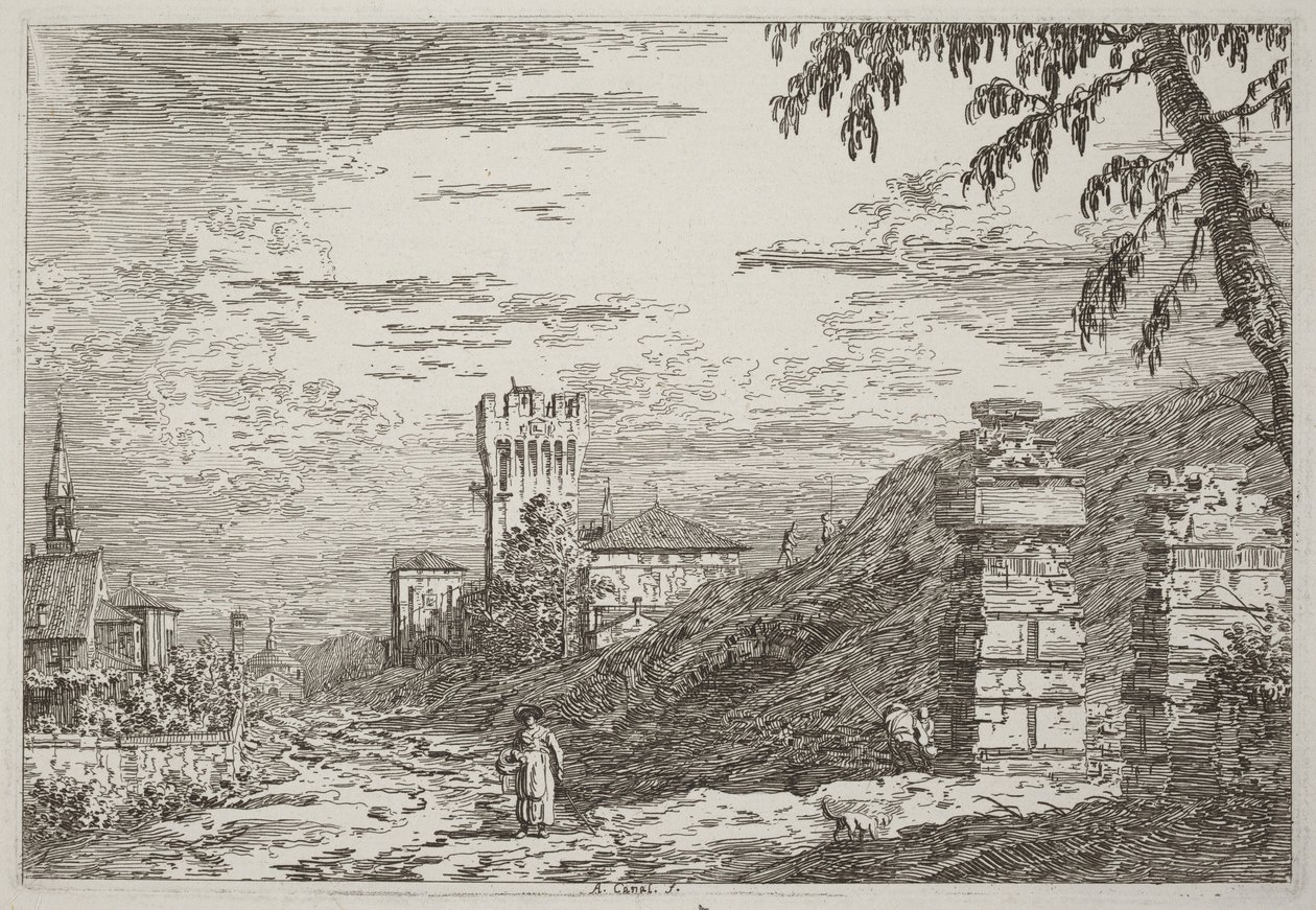 Paysage avec une tour et deux piliers en ruines [à gauche] - Canaletto