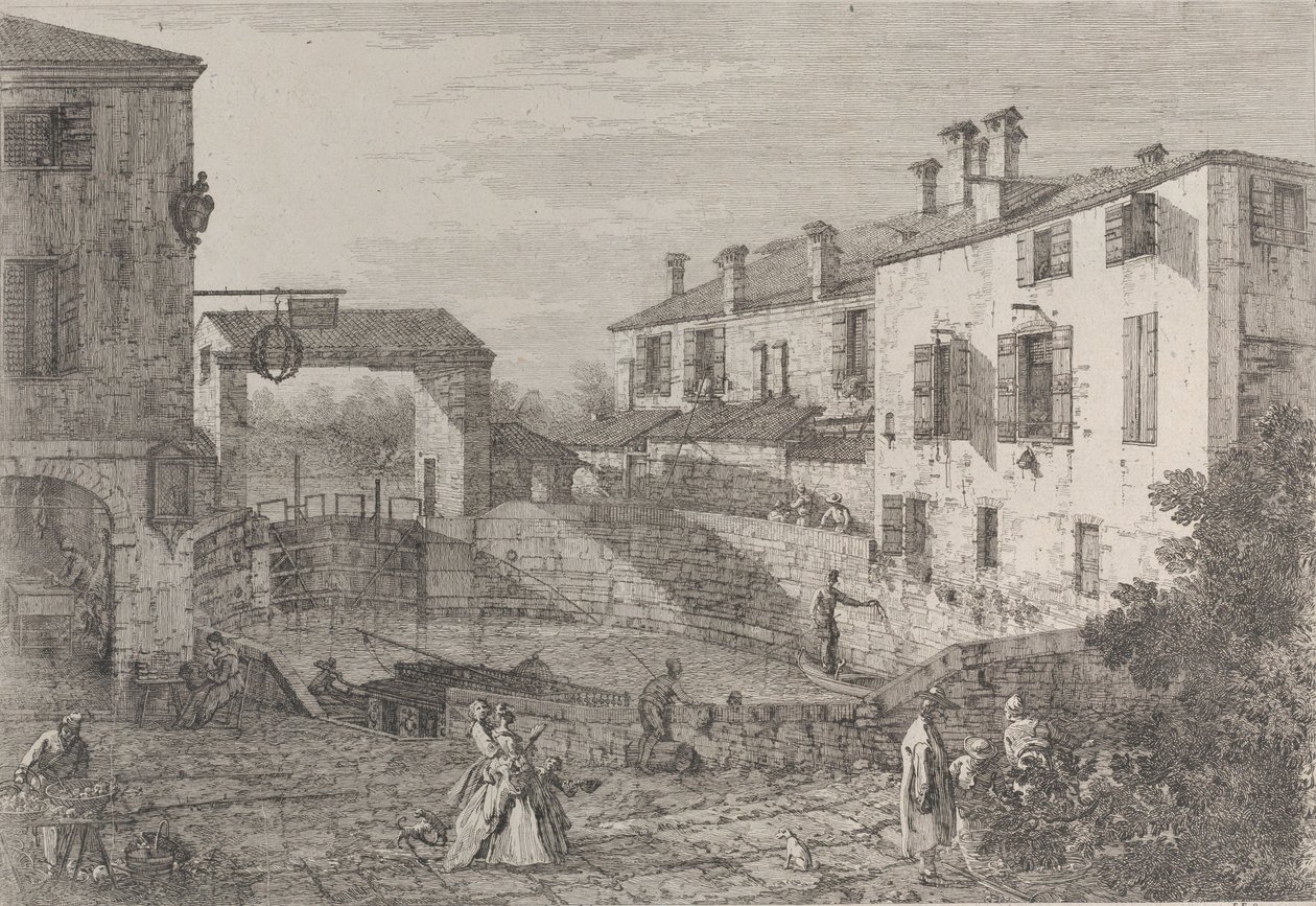 Le porte del Dolo : le bassin ovale des écluses à Dolo, avec une barge amarrée au quai - Canaletto
