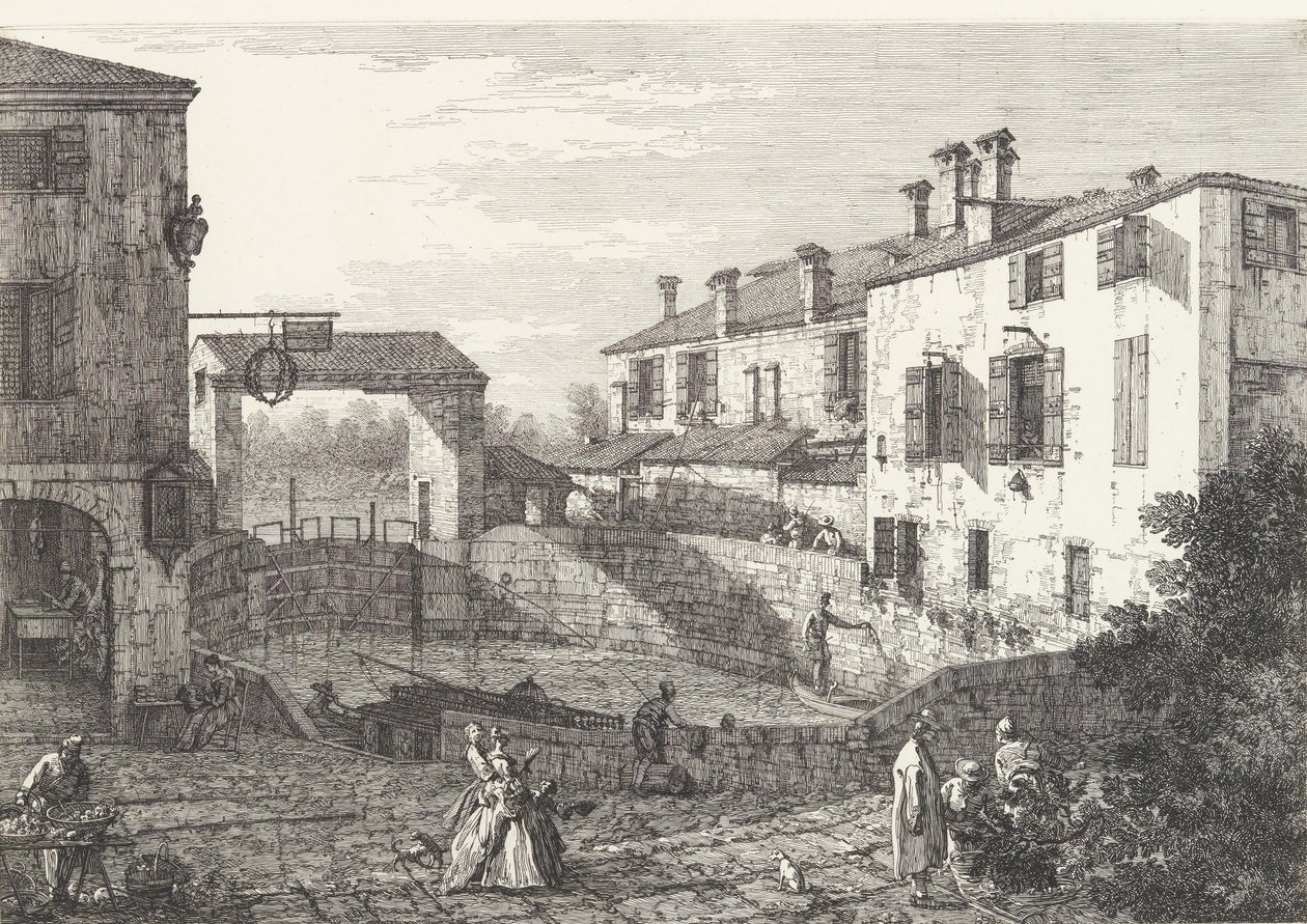Les Écluses à Dolo, un bassin ovale avec des bateaux au centre, des bâtiments de chaque côté,..., 1735-46 - Canaletto