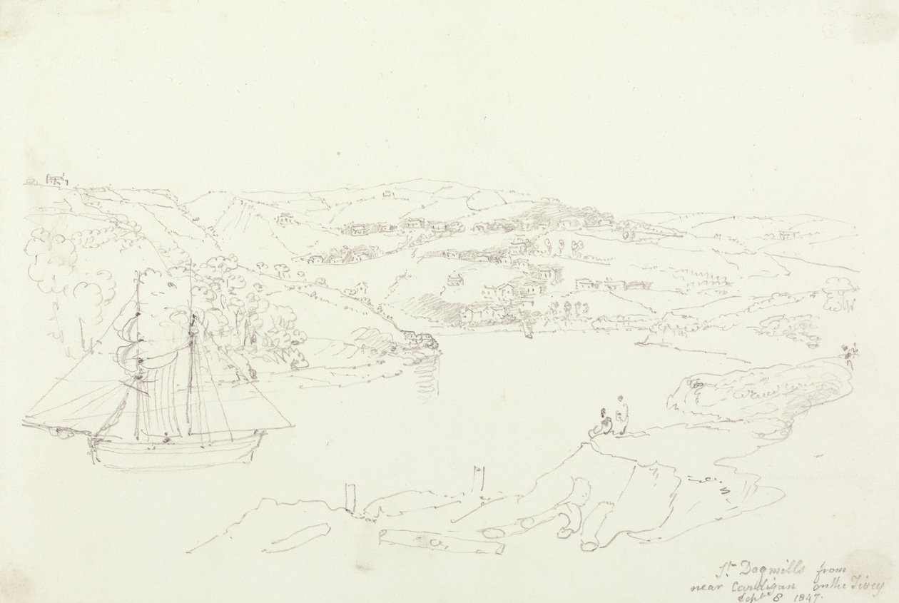 Saint Dogmaels depuis Cardigan sur le Teifi, 8 septembre 1847 - Capt. Thomas Hastings