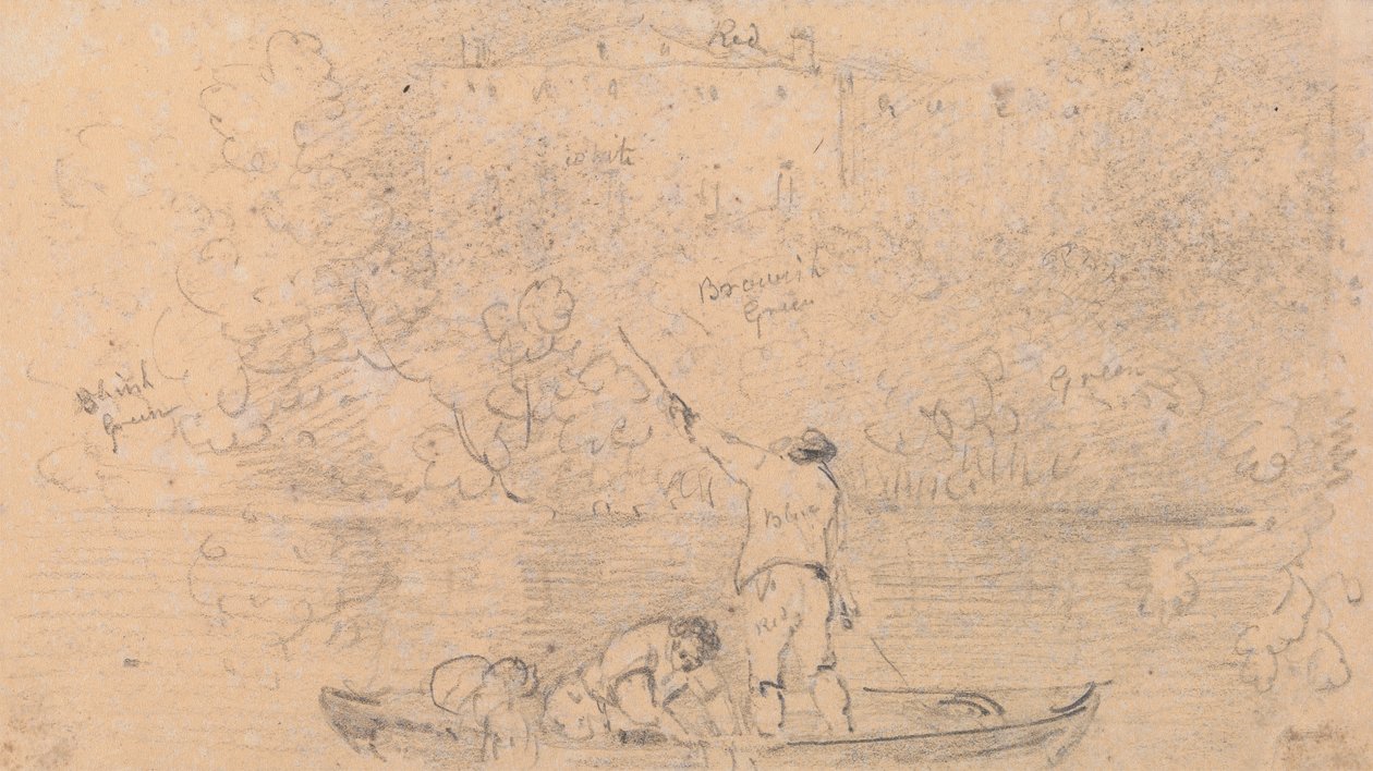 Croquis de deux hommes dans un bateau et une maison sur le rivage - Capt. Thomas Hastings