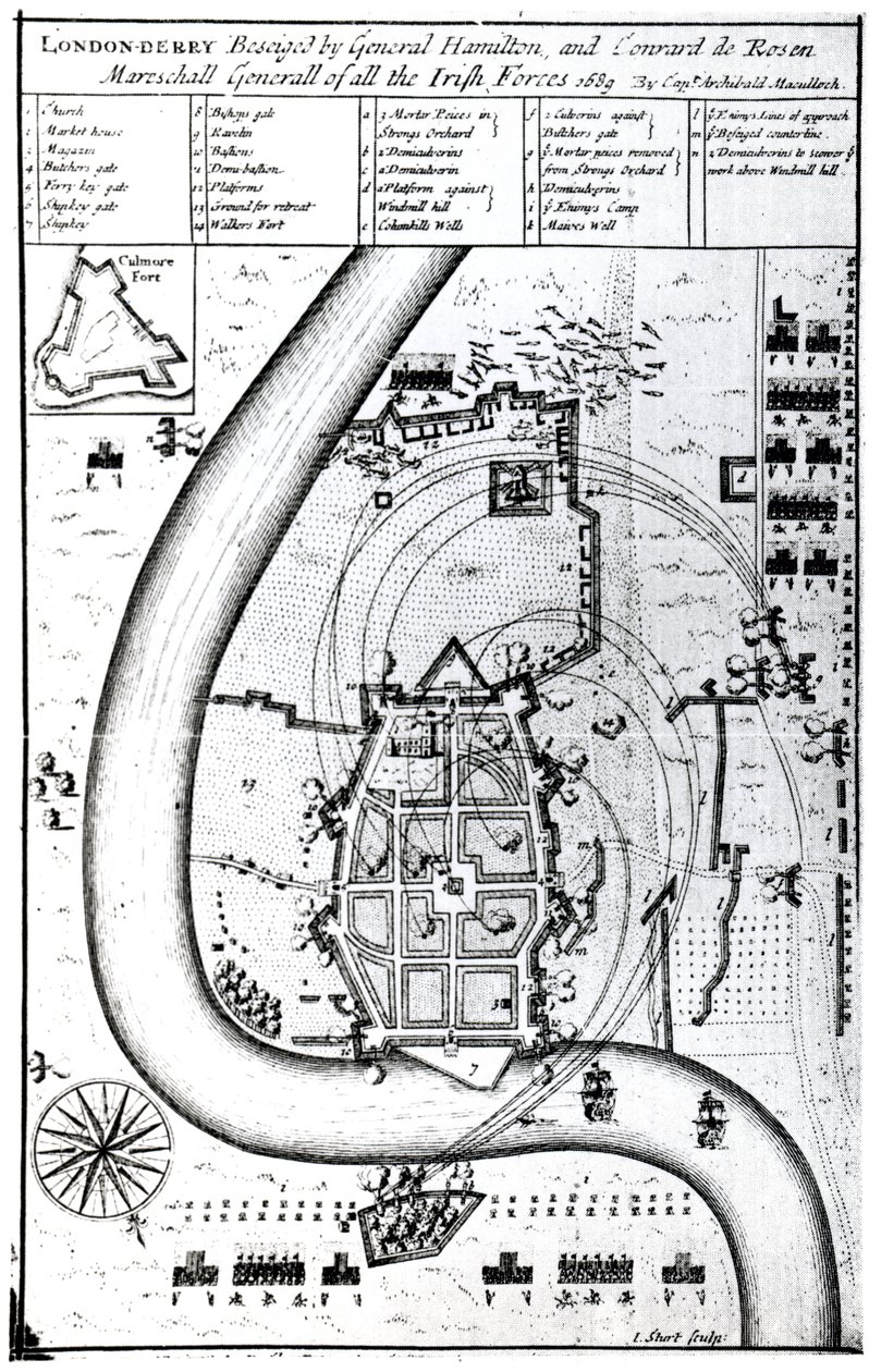 Londonderry assiégé par le général Hamilton et Conrad de Rosen, gravé par J. Sturt, 1689 - Captain Archibald Maculloch