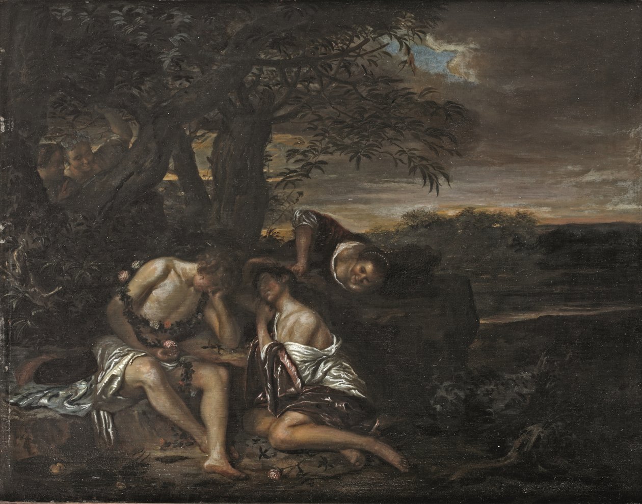 Un couple endormi, découvert par trois femmes dans un paysage arcadien - Carel De Moor II (attr. to)