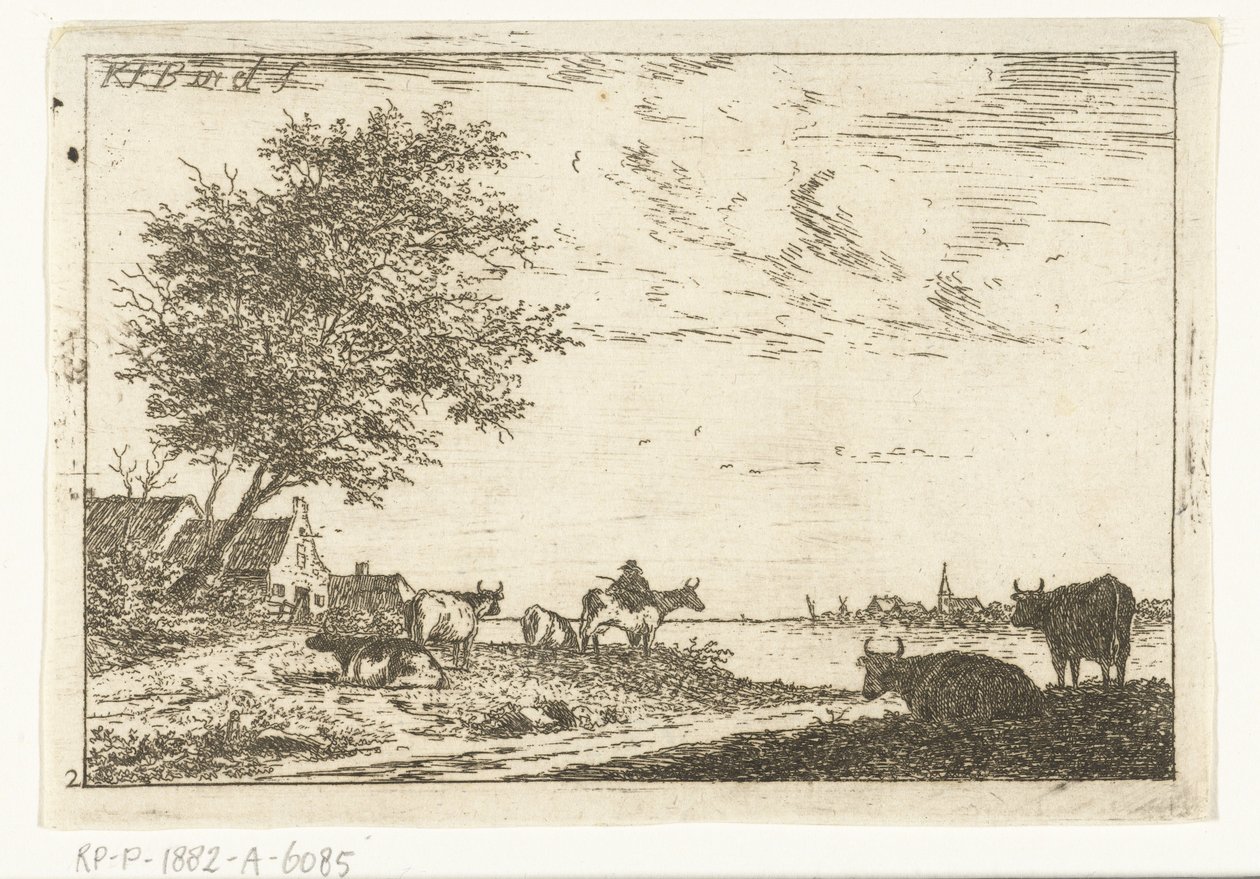 Paysage fluvial avec fermier et vaches près de la ferme - Carel Frederik Bendorp (I)