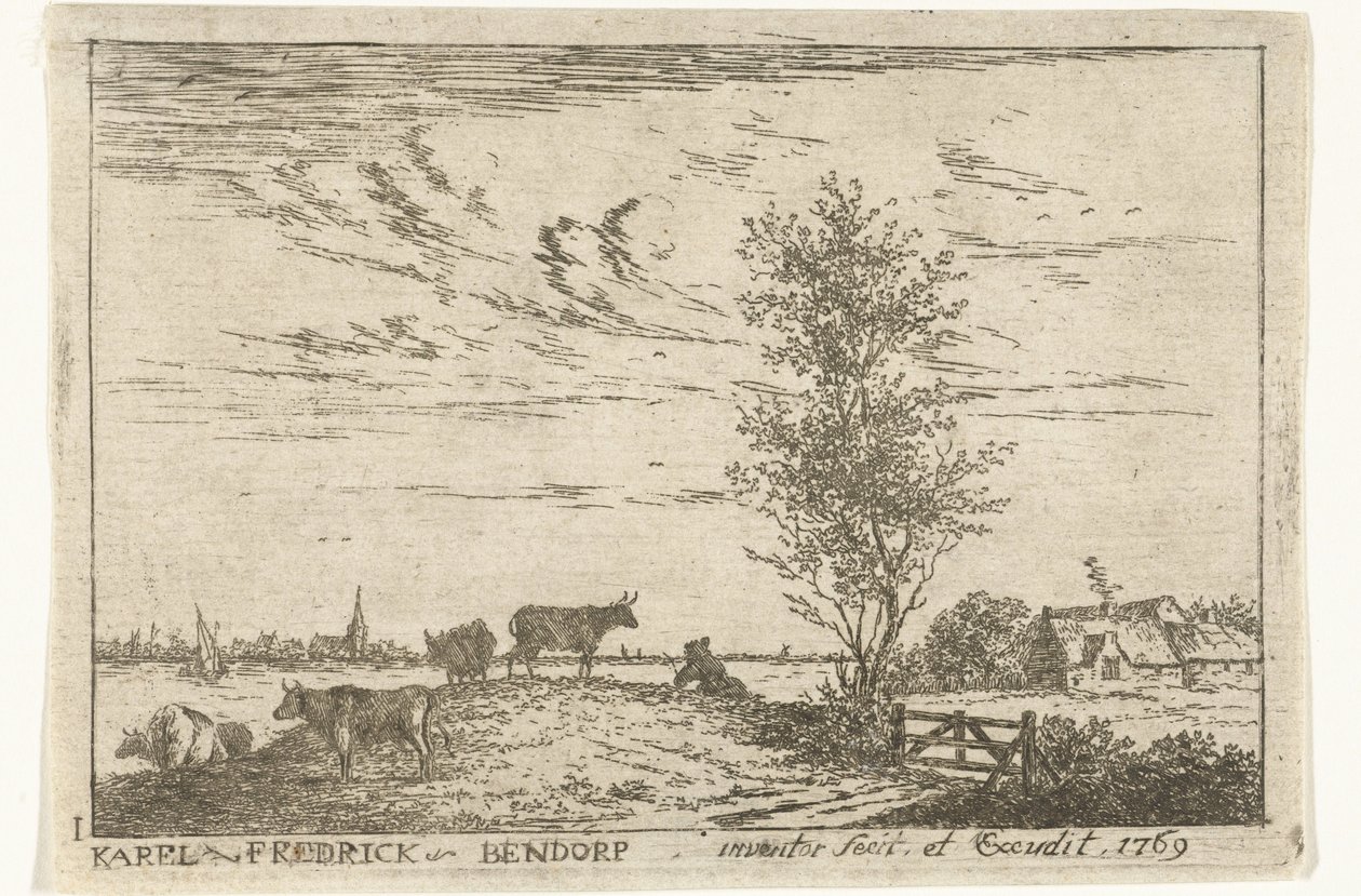 Titre avec paysage fluvial avec vaches - Carel Frederik Bendorp (I)