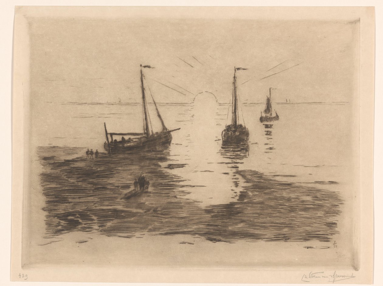 Paysage marin avec voiliers et coucher de soleil - Carel Nicolaas Storm van 