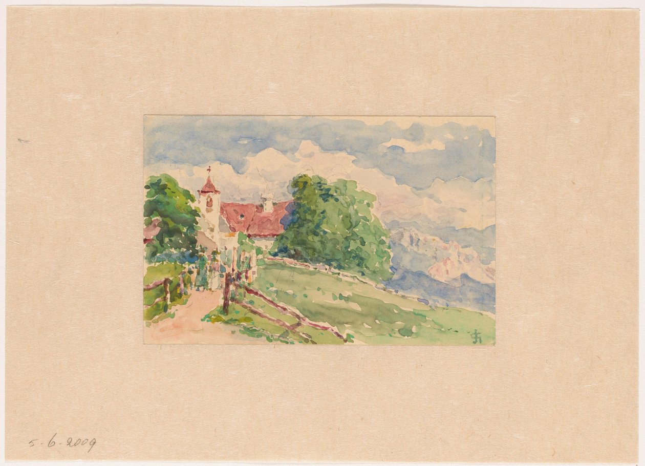 Oberbozen, un chemin étroit mène à une petite église sur une pente de montagne - Carel Nicolaas Storm van 