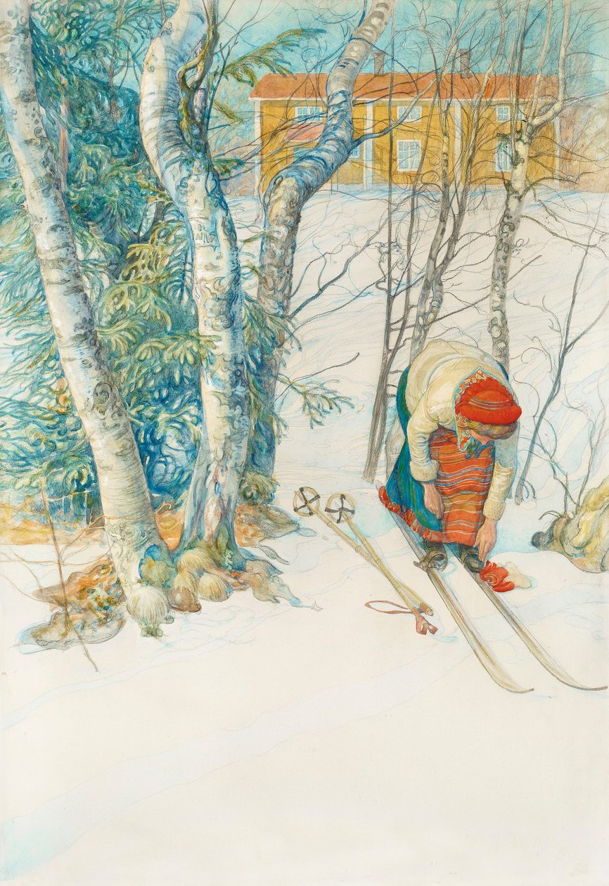 Fille mettant ses skis - Carl Larsson
