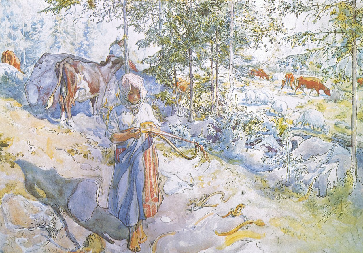 Enfin, la petite Kertsi est venue avec une branche de saule pour conduire les vaches - Carl Larsson