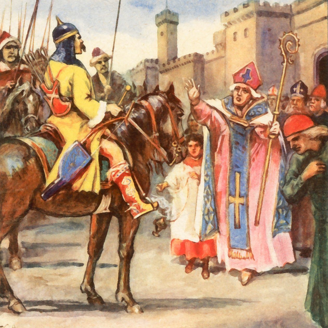 Le pape Léon Ier et le roi des Huns Attila aux portes de Rome (lithographie couleur rehaussée) - Carl Arriens