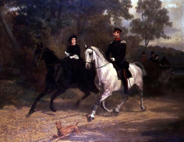 Une dame et un officier, peut-être le prince héritier et la princesse de Prusse, chevauchant dans un parc - Carl Constantin Steffeck