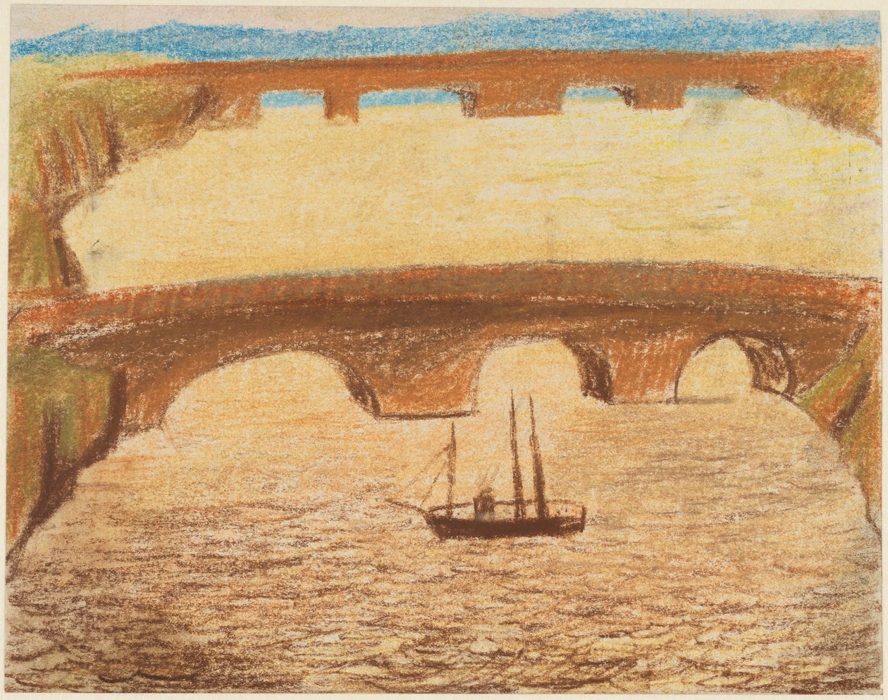 Lange Steinbrücken über Fluss mit einem Schiff - Carl Fredrik Hill