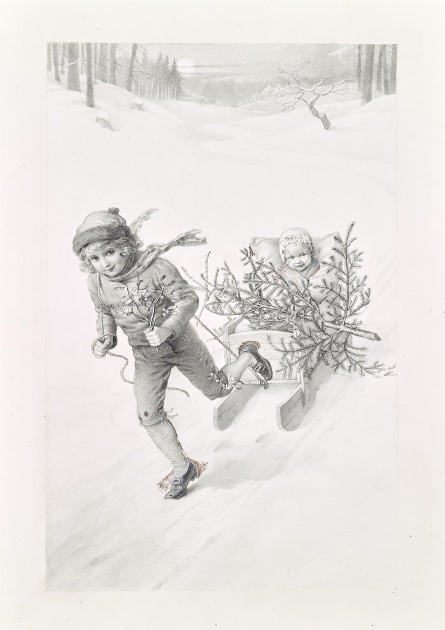 Deux enfants traversant un paysage hivernal - Carl Fröschl