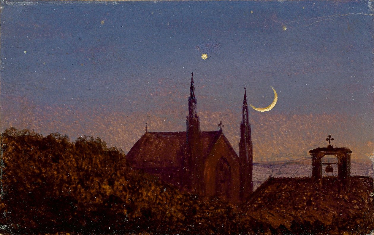 French : Église gothique au-dessus de la cime des arbres au clair de lune (Petit paysage au clair de lune avec une petite église) - Carl Gustav Carus